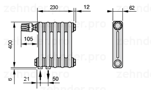 Схема (чертеж) Радиатор Zehnder Charleston 2040/5 №V001 Белый глянцевый RAL 9016